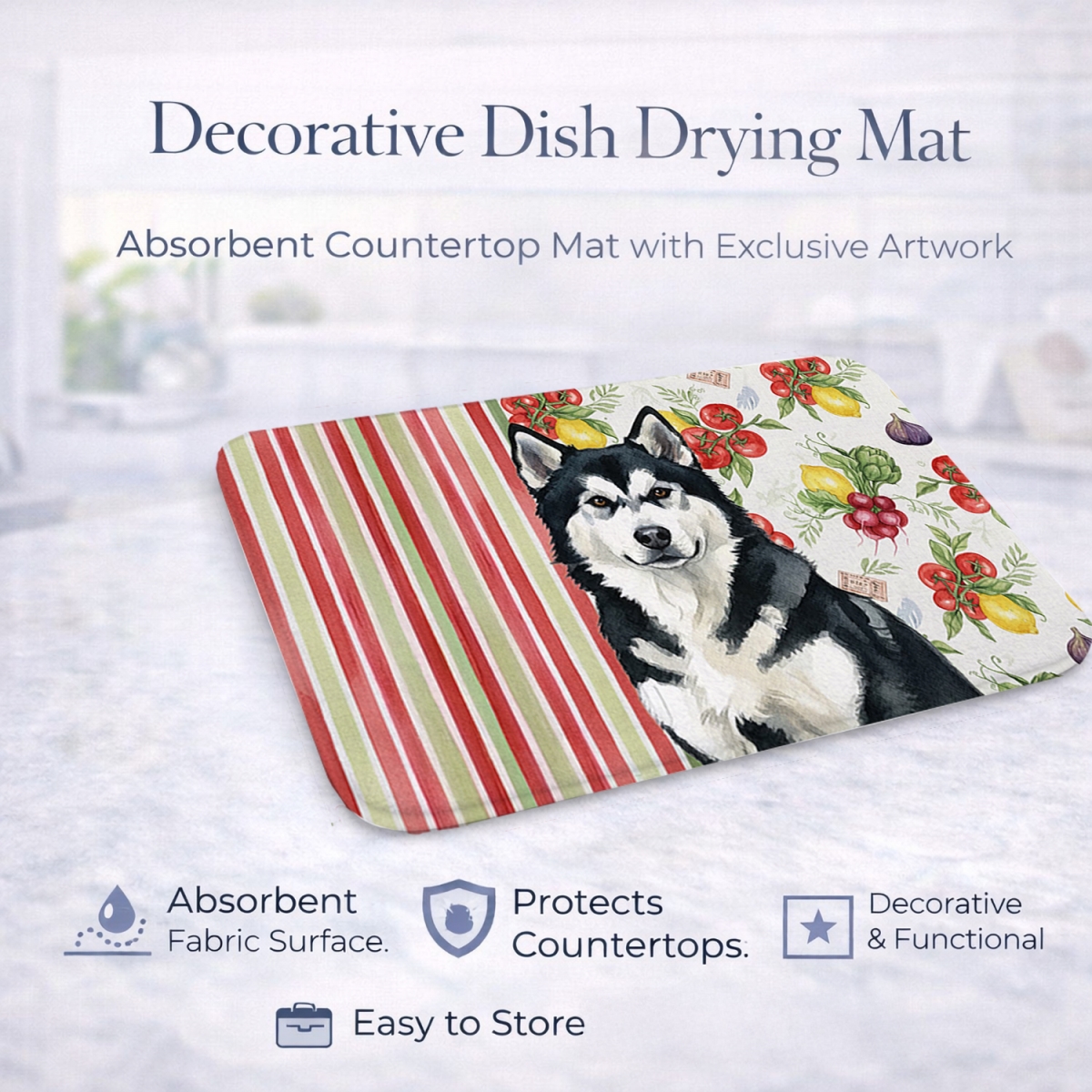 Picture of Carolines Treasures WDK8073DDM 21 x 14 in. Black & White Alaskan Malamute Vegetables Dish Drying Mat