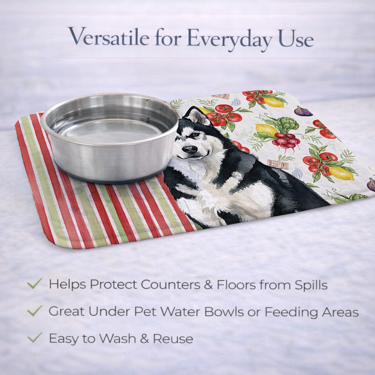 Picture of Carolines Treasures WDK8073DDM 21 x 14 in. Black & White Alaskan Malamute Vegetables Dish Drying Mat