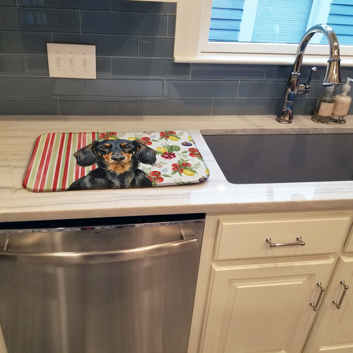 Picture of Carolines Treasures WDK8195DDM 21 x 14 in. Longhaired Black & Tan Dachshund Vegetables Dish Drying Mat