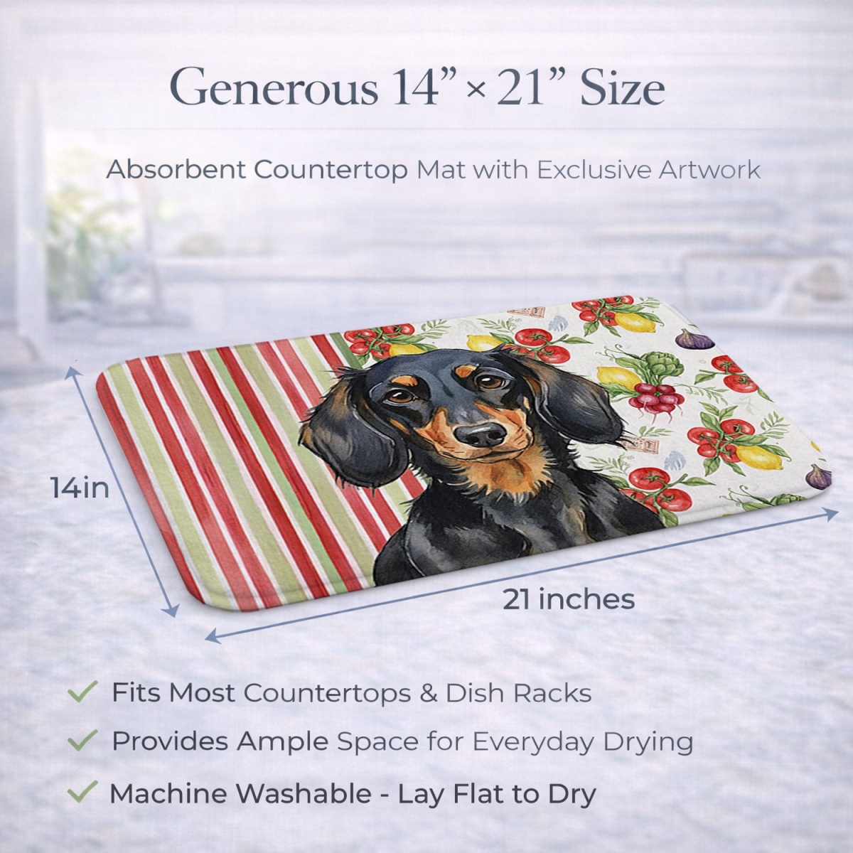 Picture of Carolines Treasures WDK8195DDM 21 x 14 in. Longhaired Black & Tan Dachshund Vegetables Dish Drying Mat