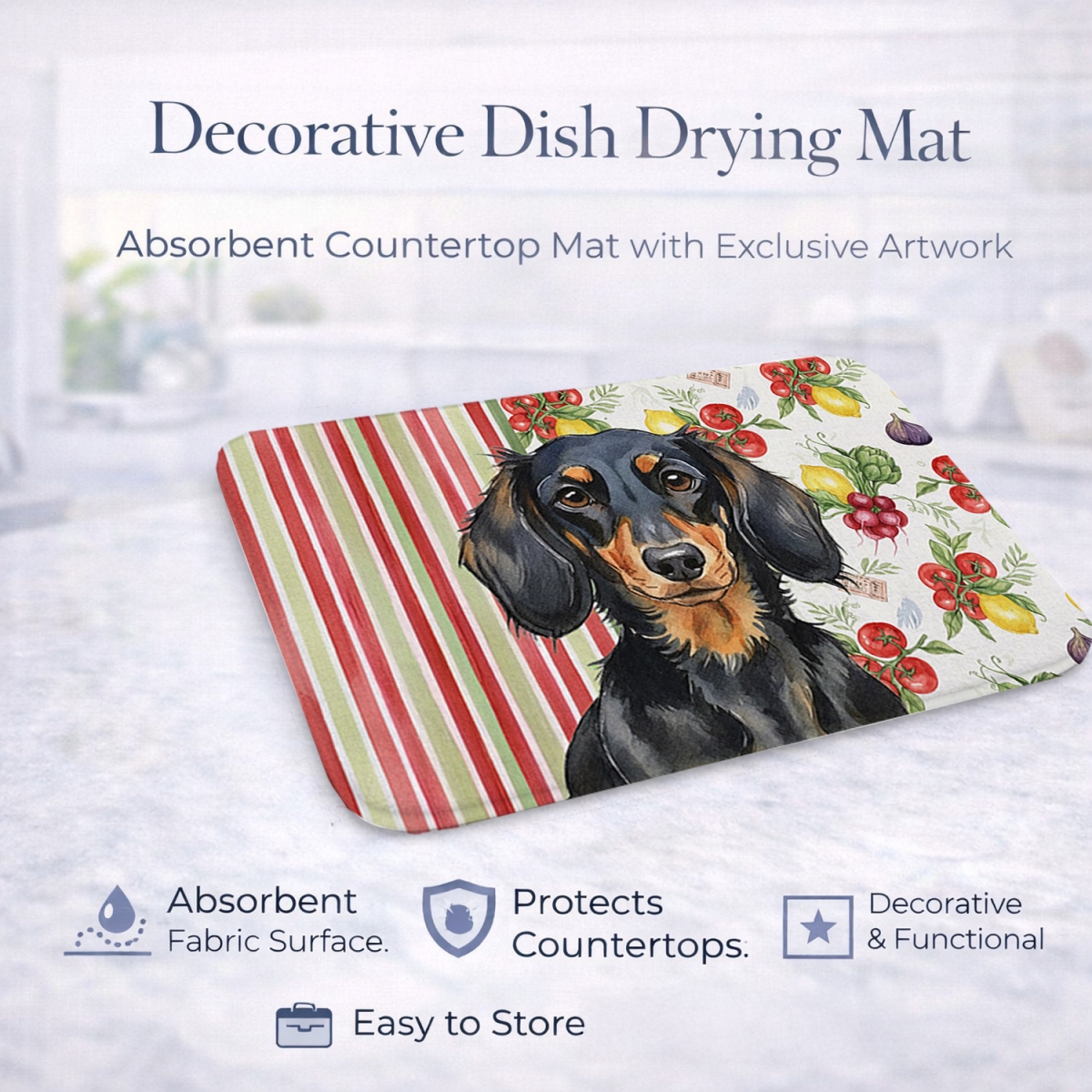 Picture of Carolines Treasures WDK8195DDM 21 x 14 in. Longhaired Black & Tan Dachshund Vegetables Dish Drying Mat