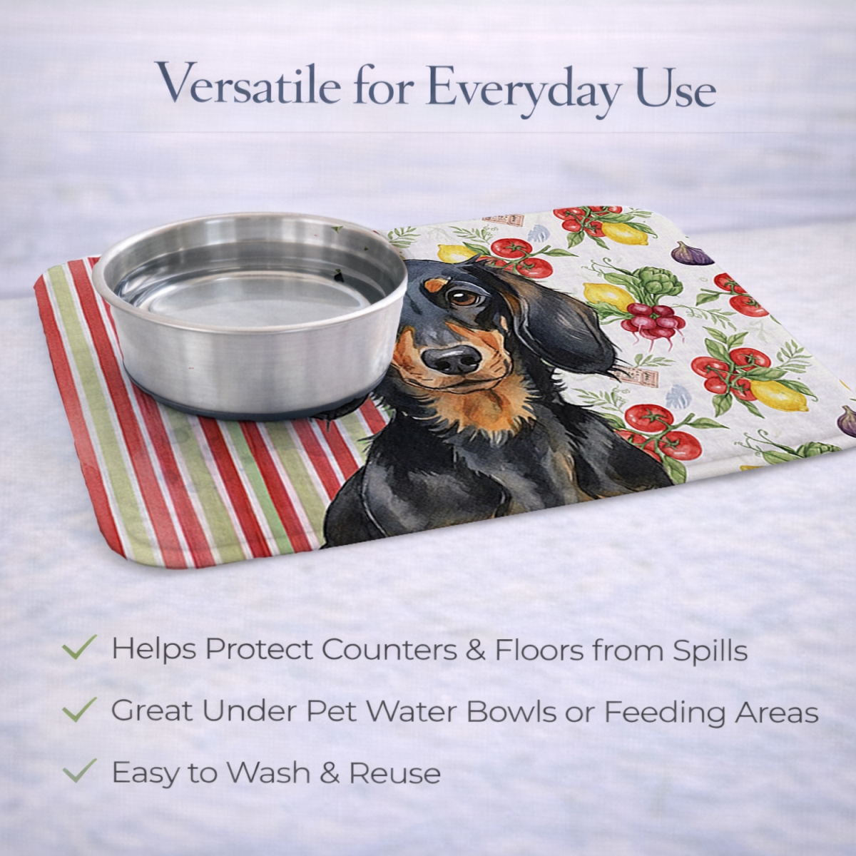 Picture of Carolines Treasures WDK8195DDM 21 x 14 in. Longhaired Black & Tan Dachshund Vegetables Dish Drying Mat