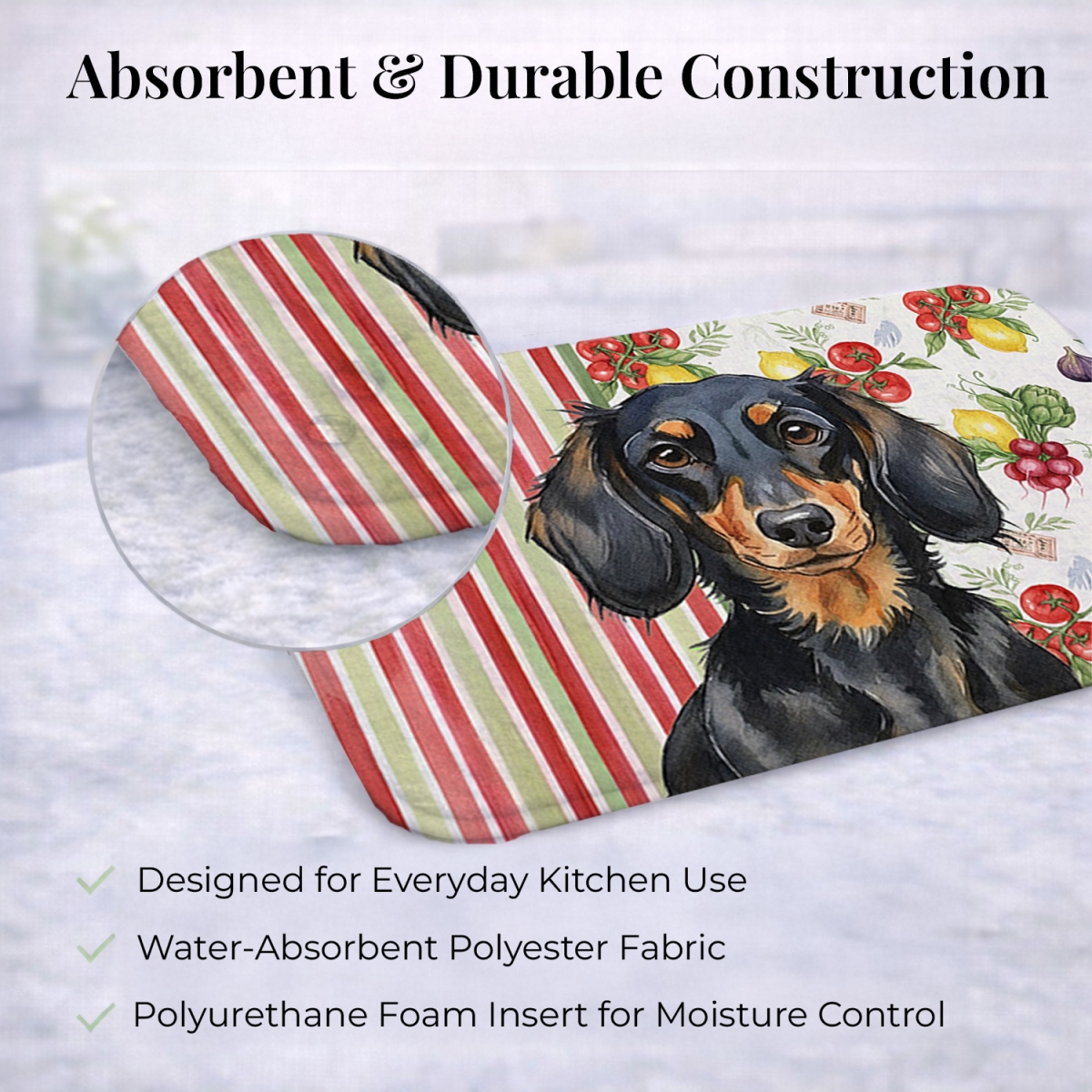 Picture of Carolines Treasures WDK8195DDM 21 x 14 in. Longhaired Black & Tan Dachshund Vegetables Dish Drying Mat