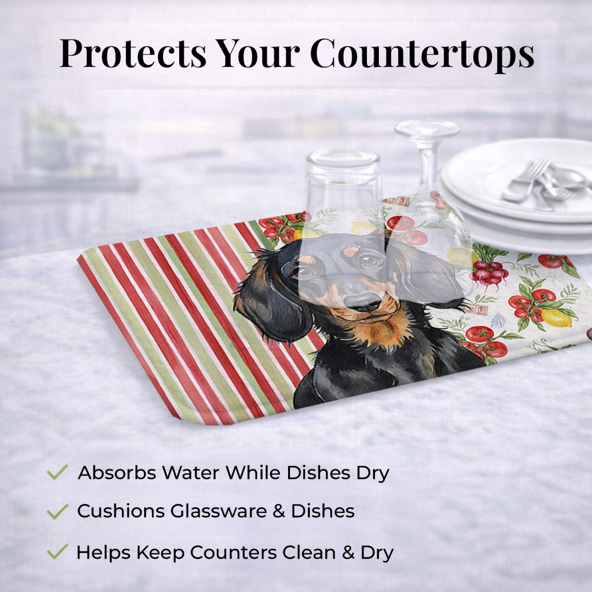 Picture of Carolines Treasures WDK8195DDM 21 x 14 in. Longhaired Black & Tan Dachshund Vegetables Dish Drying Mat