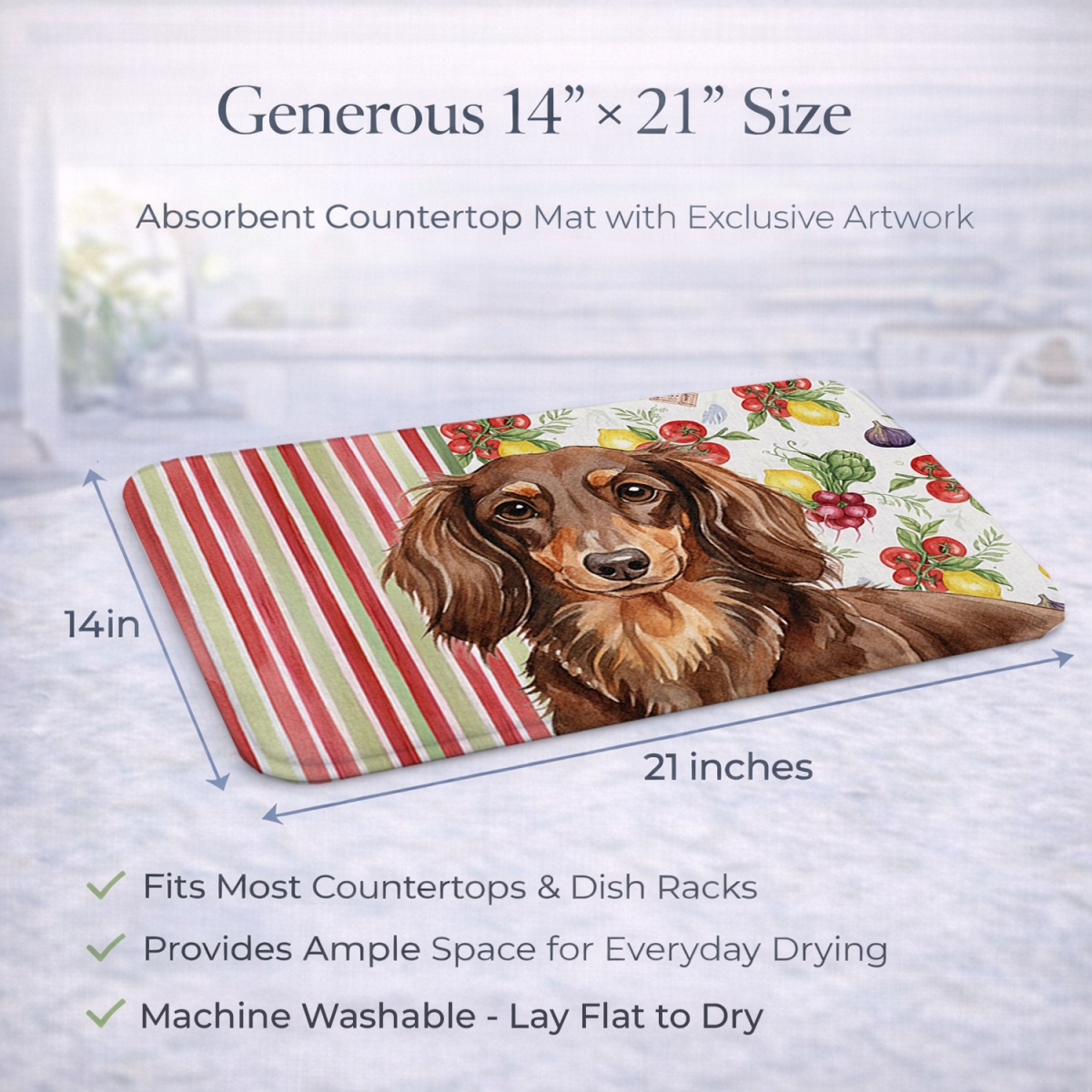 Picture of Carolines Treasures WDK8196DDM 21 x 14 in. Longhaired Chocolate & Tan Dachshund Vegetables Dish Drying Mat