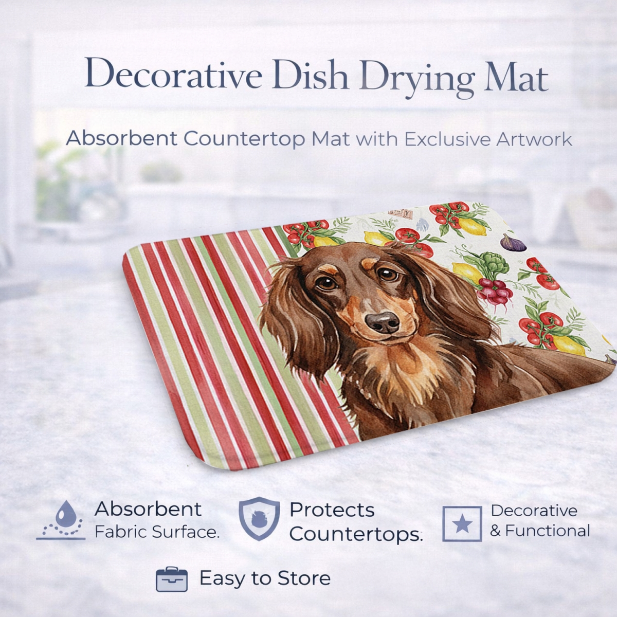 Picture of Carolines Treasures WDK8196DDM 21 x 14 in. Longhaired Chocolate & Tan Dachshund Vegetables Dish Drying Mat