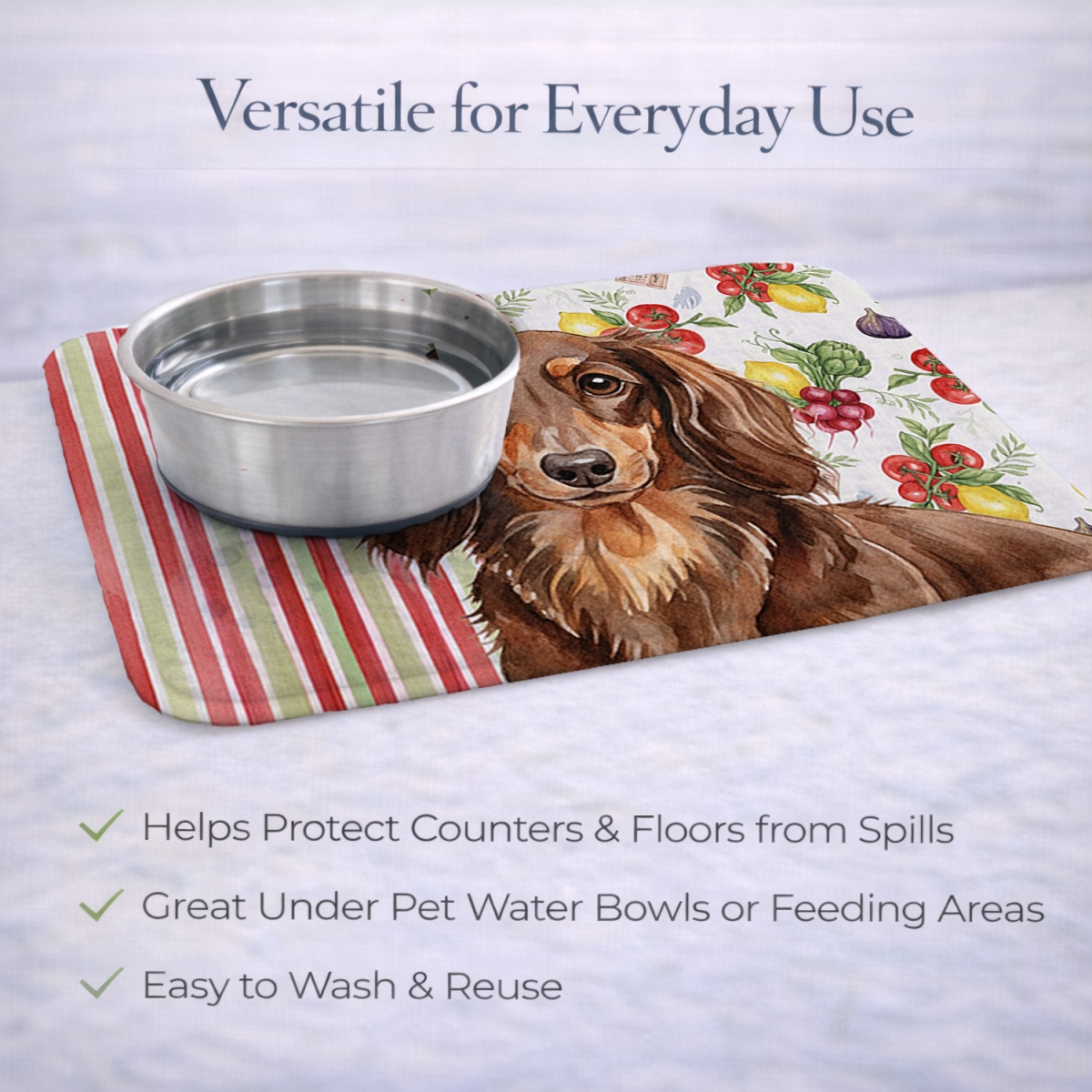 Picture of Carolines Treasures WDK8196DDM 21 x 14 in. Longhaired Chocolate & Tan Dachshund Vegetables Dish Drying Mat