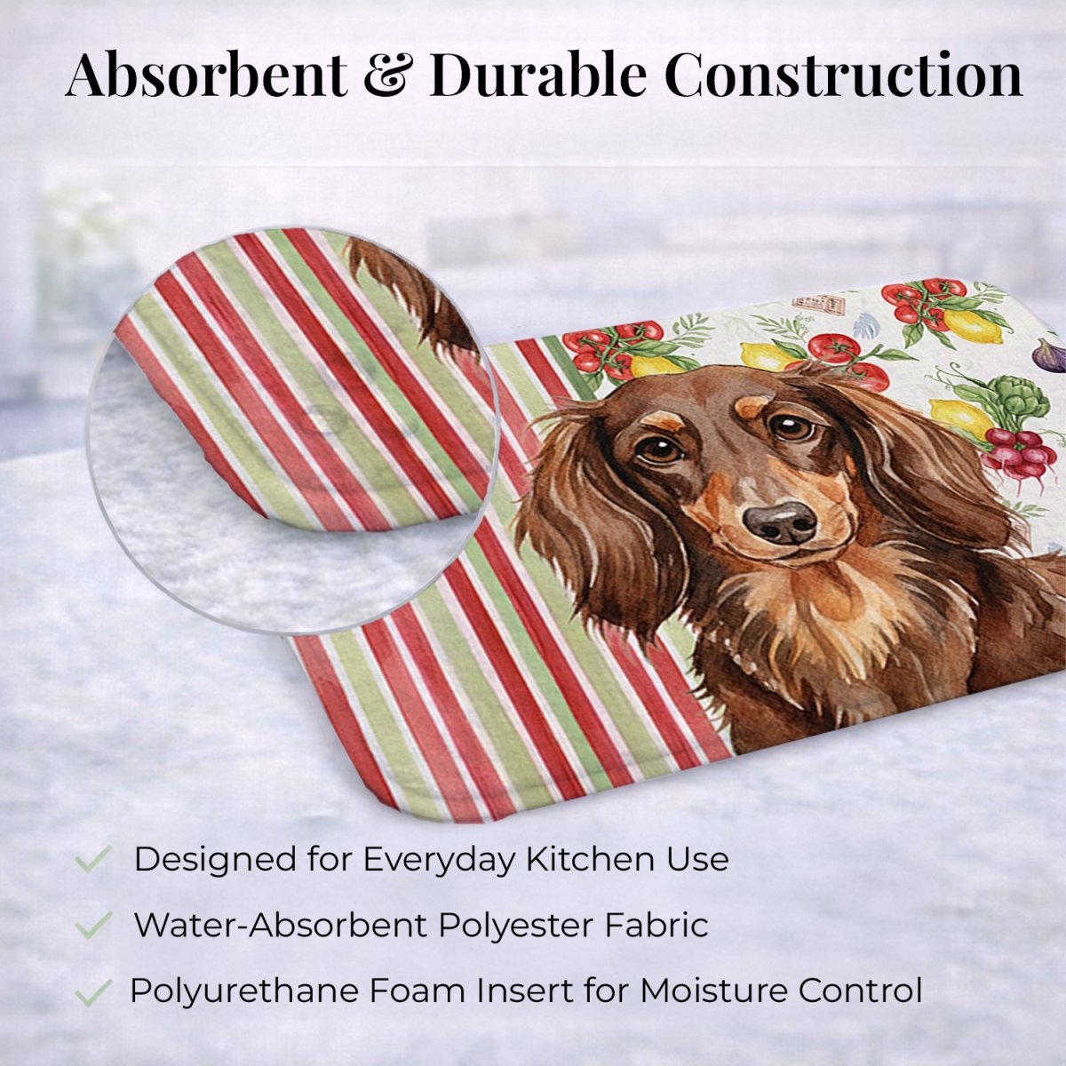 Picture of Carolines Treasures WDK8196DDM 21 x 14 in. Longhaired Chocolate & Tan Dachshund Vegetables Dish Drying Mat