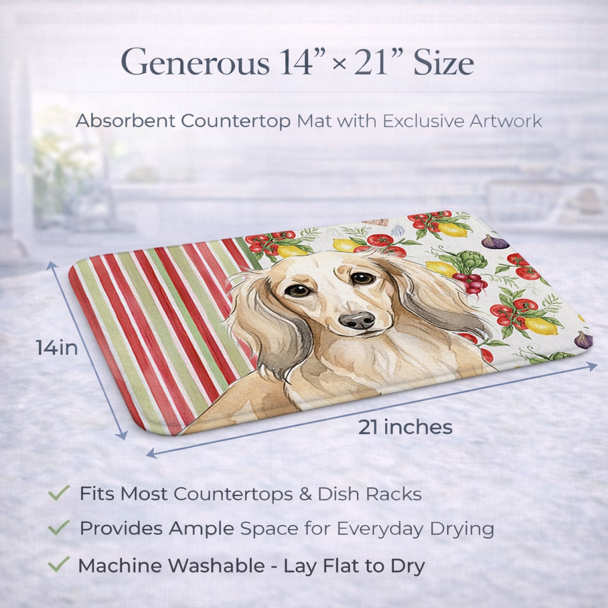 Picture of Carolines Treasures WDK8197DDM 21 x 14 in. Longhaired Cream Dachshund Vegetables Dish Drying Mat