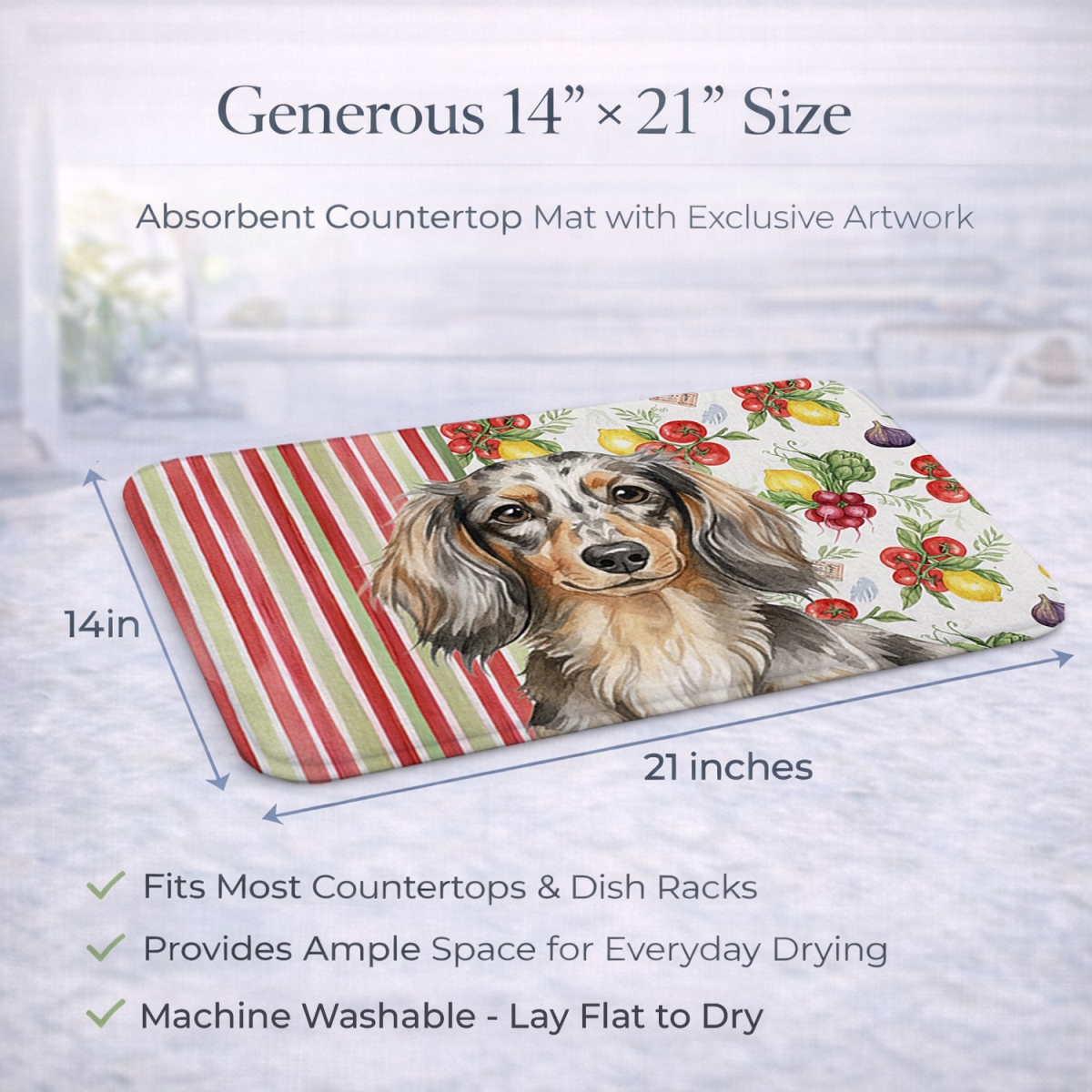 Picture of Carolines Treasures WDK8198DDM 21 x 14 in. Longhaired Dapple Dachshund Vegetables Dish Drying Mat