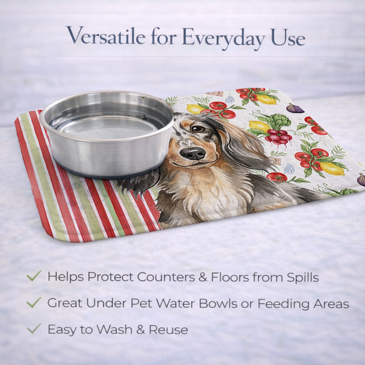 Picture of Carolines Treasures WDK8198DDM 21 x 14 in. Longhaired Dapple Dachshund Vegetables Dish Drying Mat