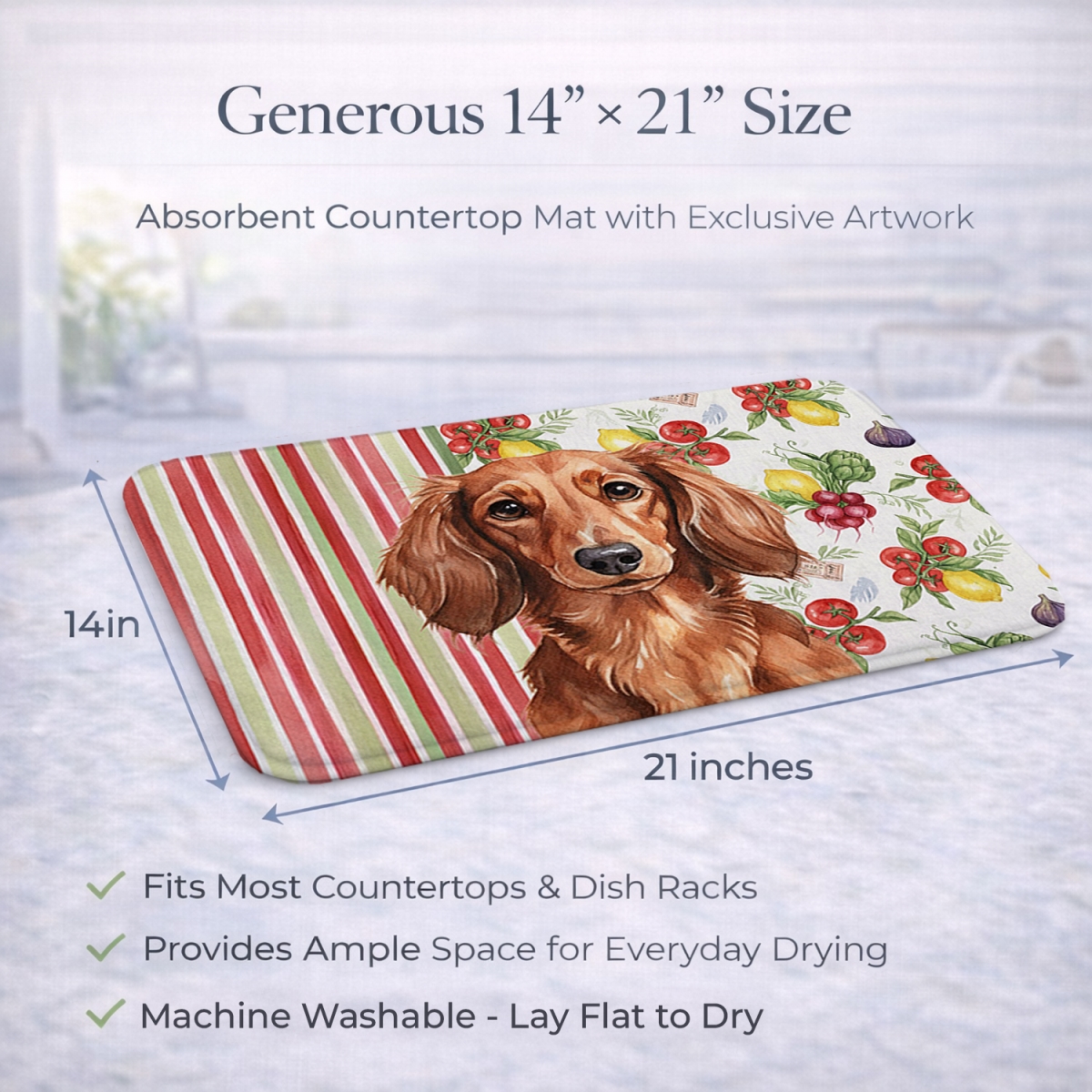 Picture of Carolines Treasures WDK8199DDM 21 x 14 in. Longhaired Red Dachshund Vegetables Dish Drying Mat