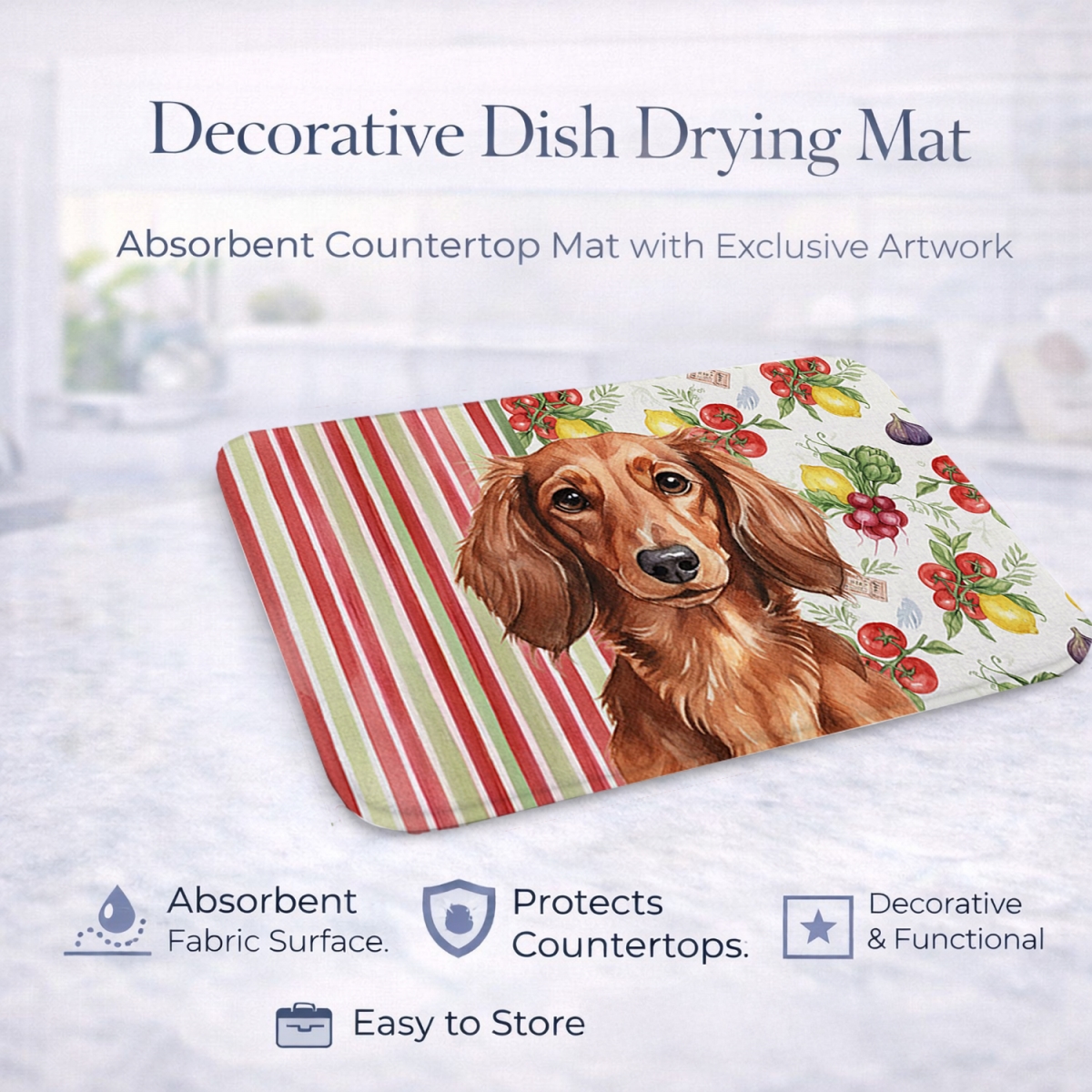 Picture of Carolines Treasures WDK8199DDM 21 x 14 in. Longhaired Red Dachshund Vegetables Dish Drying Mat