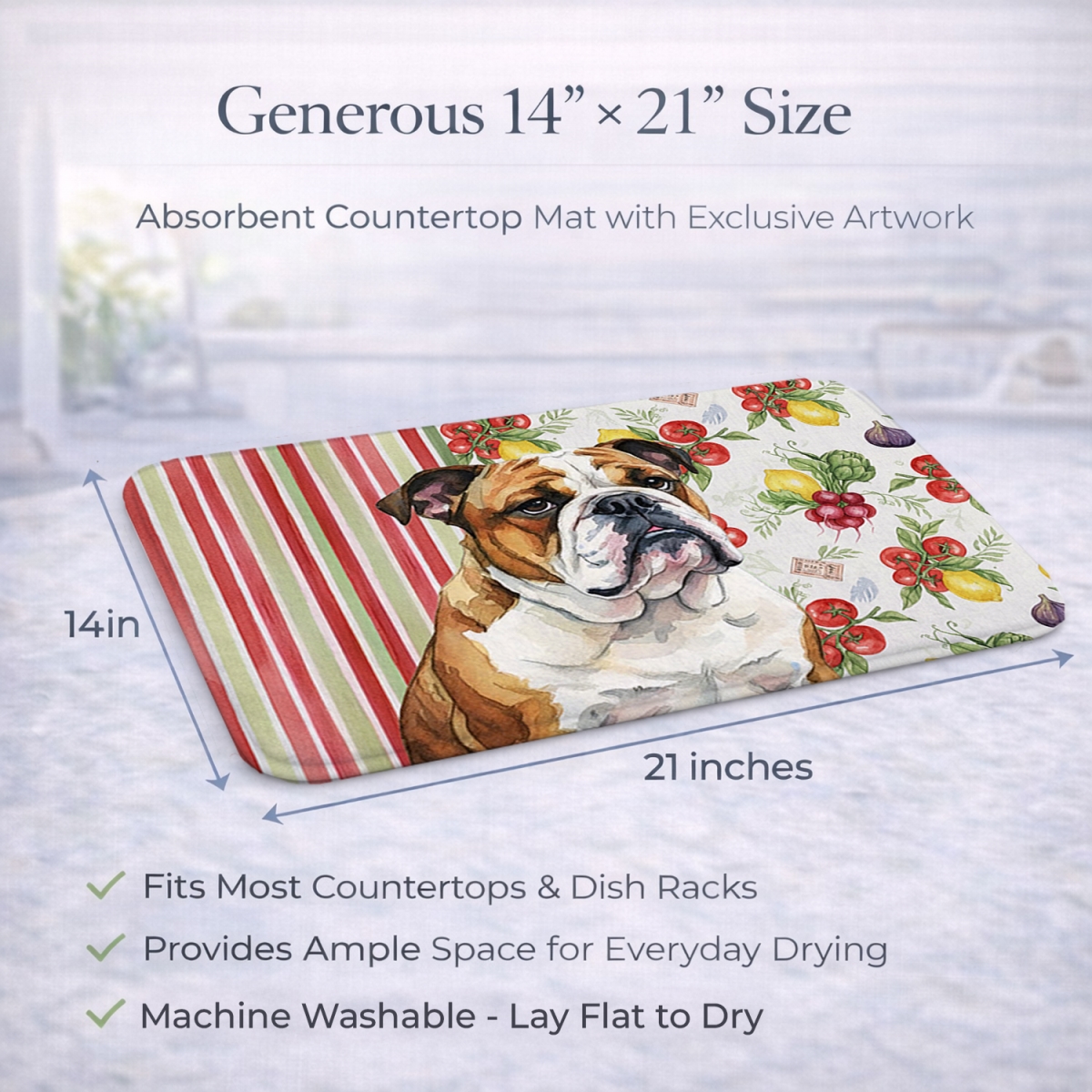 Picture of Carolines Treasures WDK8214DDM 21 x 14 in. Brindle & White English Bulldog Vegetables Dish Drying Mat