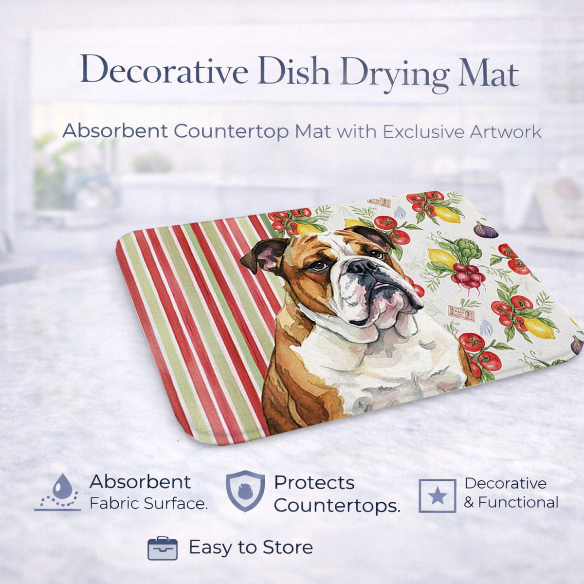 Picture of Carolines Treasures WDK8214DDM 21 x 14 in. Brindle & White English Bulldog Vegetables Dish Drying Mat