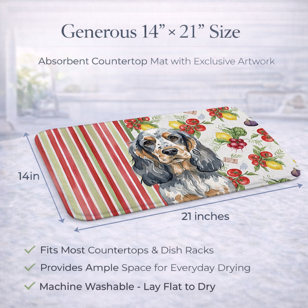 Picture of Carolines Treasures WDK8217DDM 21 x 14 in. Blue Roan & Tan English Cocker Spaniel Vegetables Dish Drying Mat