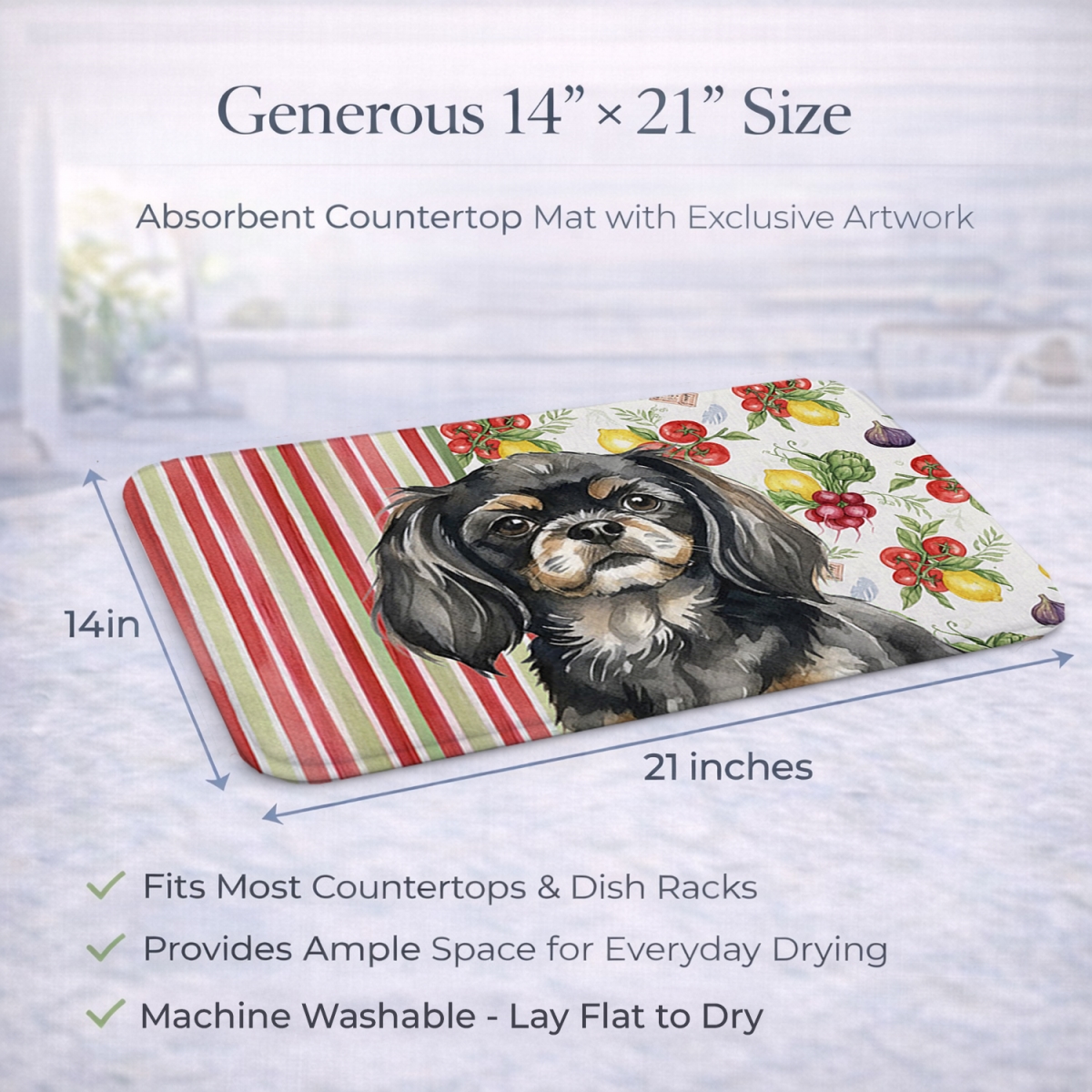 Picture of Carolines Treasures WDK8437DDM 21 x 14 in. Black & Tan Tibetan Spaniel Vegetables Dish Drying Mat
