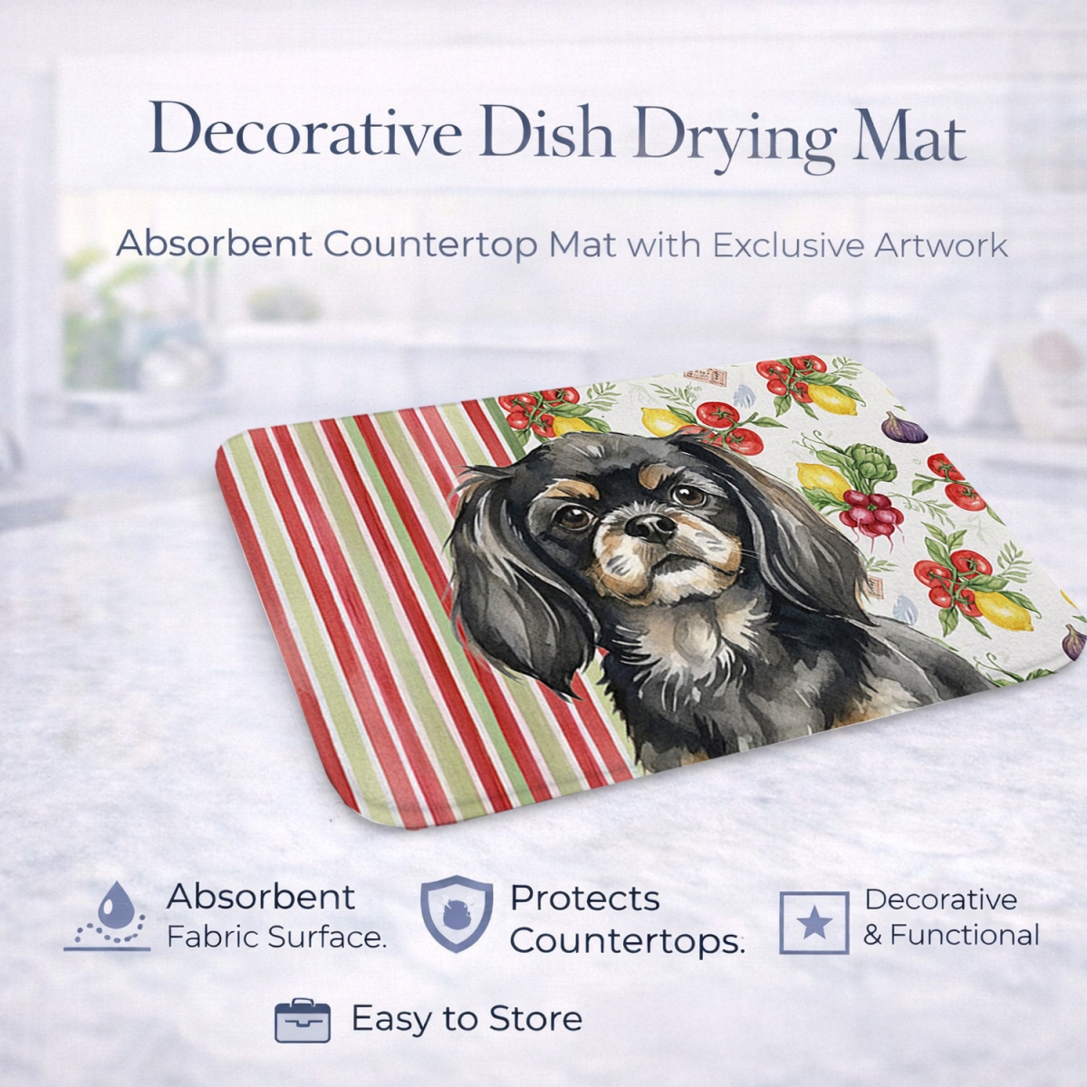Picture of Carolines Treasures WDK8437DDM 21 x 14 in. Black & Tan Tibetan Spaniel Vegetables Dish Drying Mat