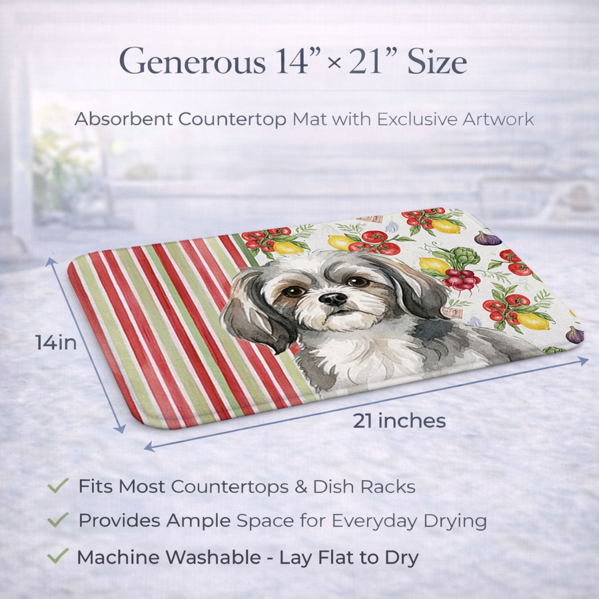 Picture of Carolines Treasures WDK8441DDM 21 x 14 in. Gray & White Tibetan Spaniel Vegetables Dish Drying Mat