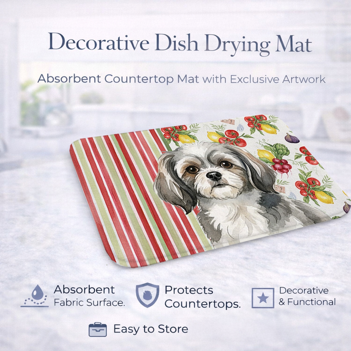 Picture of Carolines Treasures WDK8441DDM 21 x 14 in. Gray & White Tibetan Spaniel Vegetables Dish Drying Mat