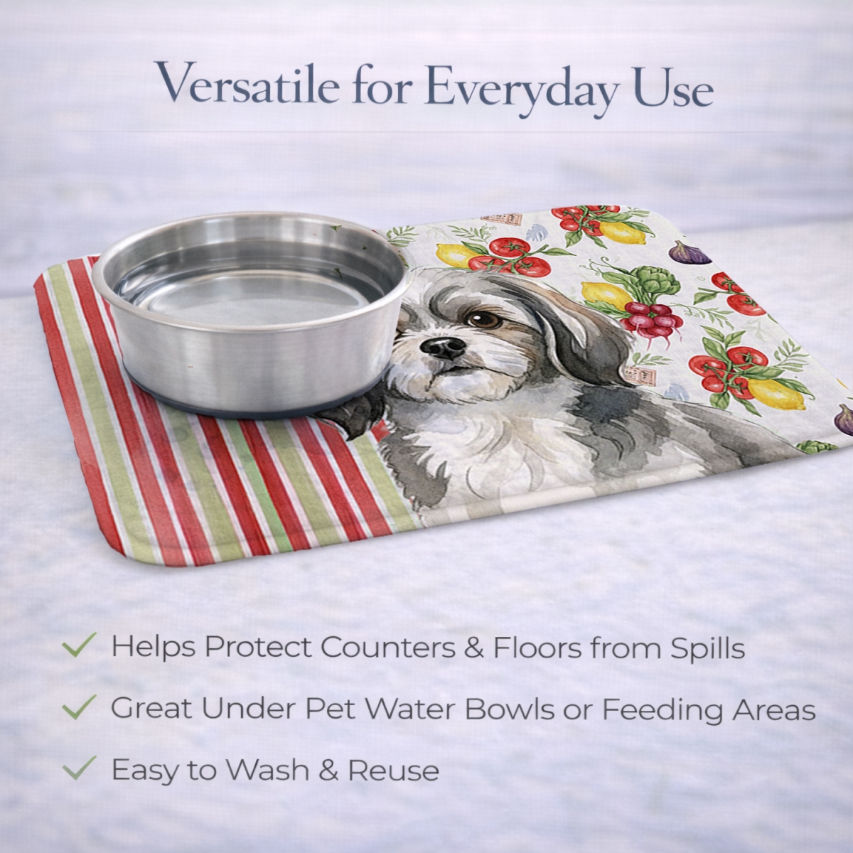 Picture of Carolines Treasures WDK8441DDM 21 x 14 in. Gray & White Tibetan Spaniel Vegetables Dish Drying Mat
