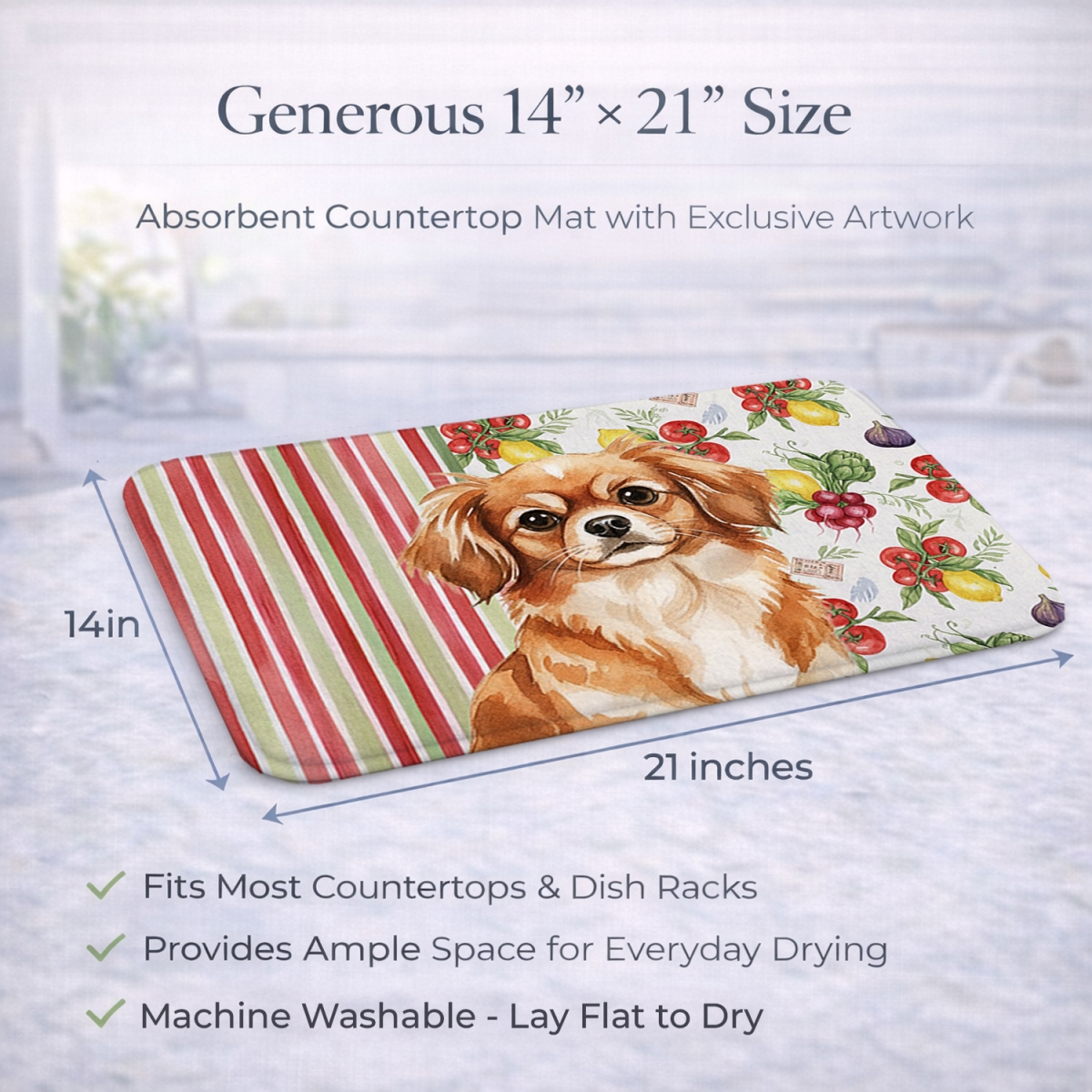 Picture of Carolines Treasures WDK8442DDM 21 x 14 in. Red Tibetan Spaniel Vegetables Dish Drying Mat