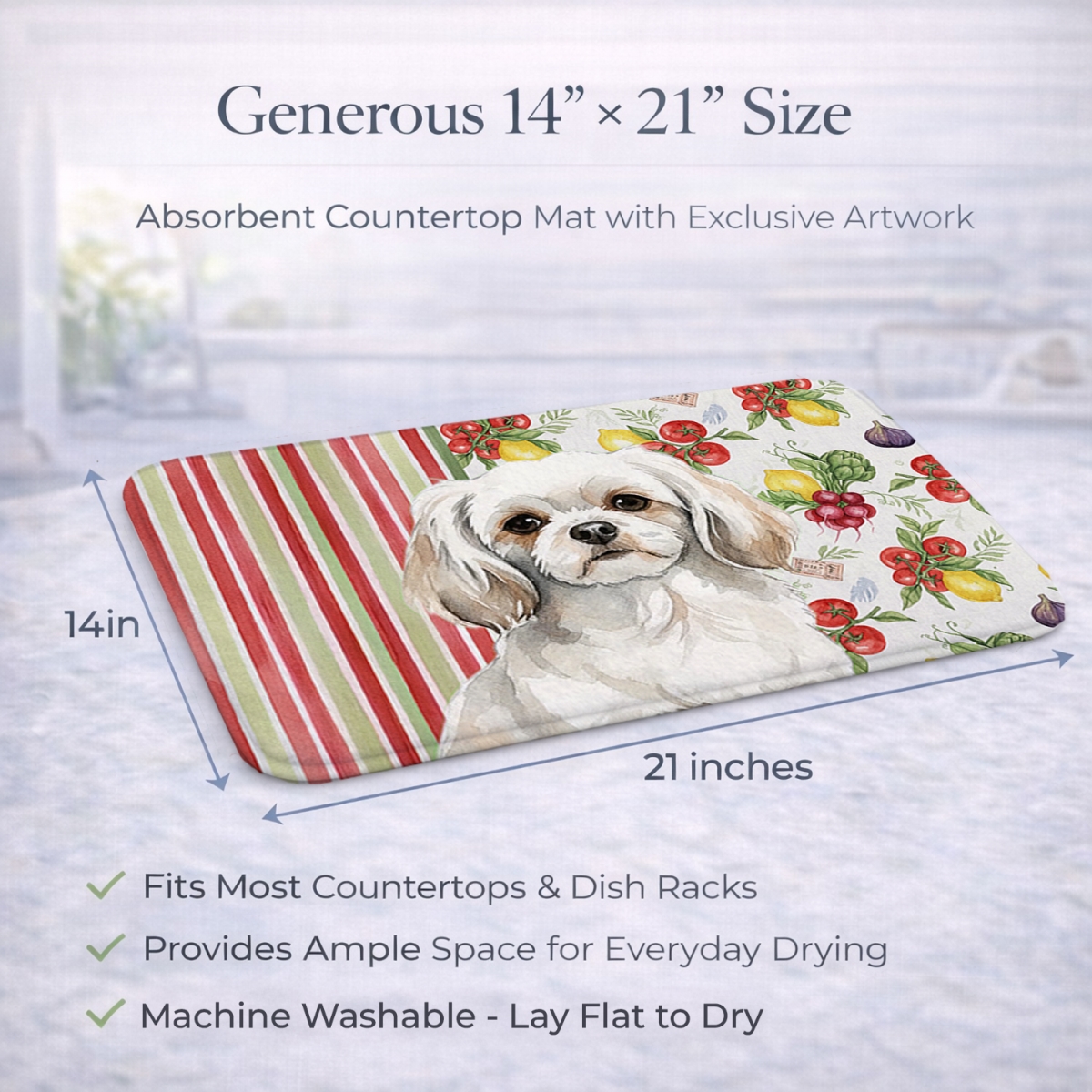 Picture of Carolines Treasures WDK8443DDM 21 x 14 in. White Tibetan Spaniel Vegetables Dish Drying Mat