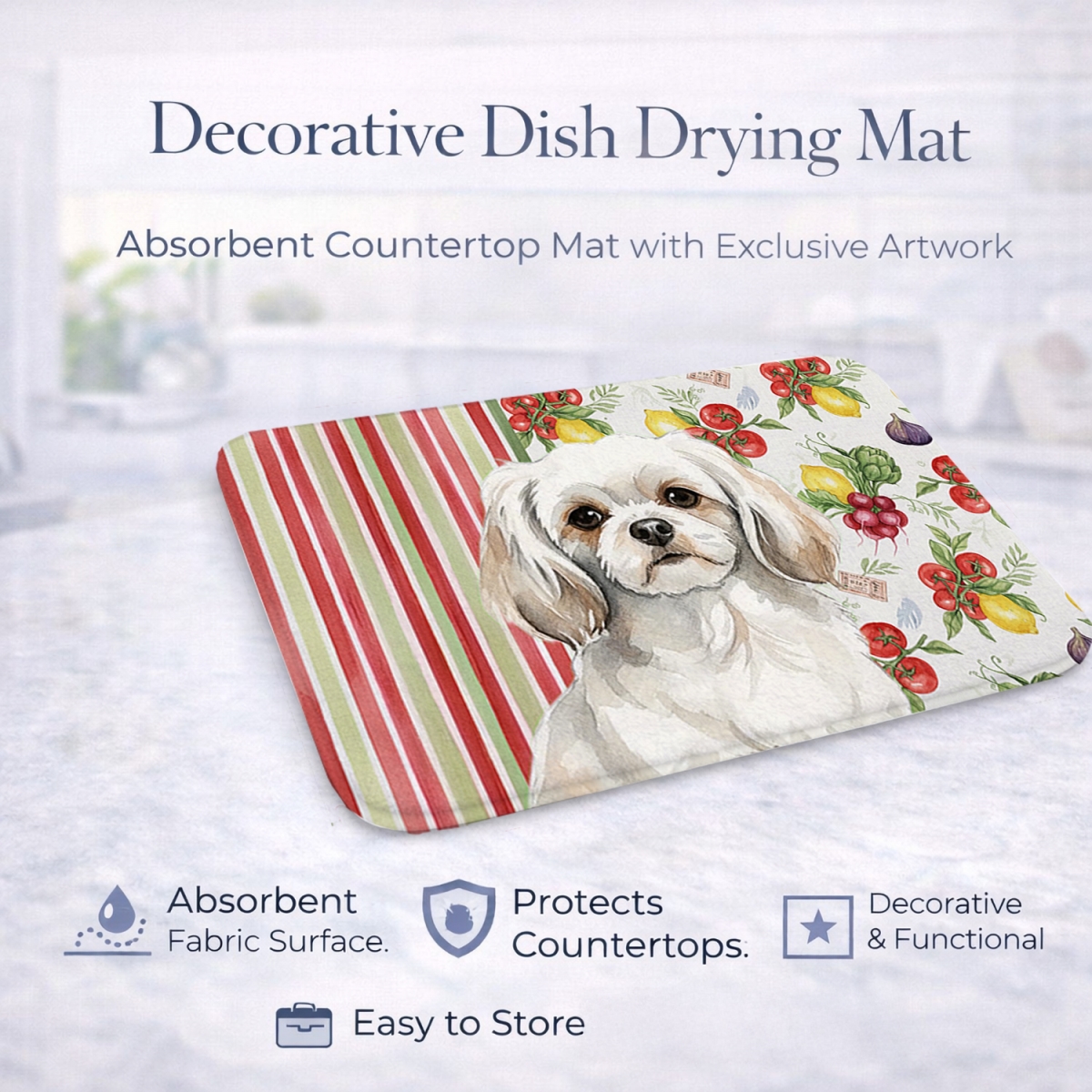 Picture of Carolines Treasures WDK8443DDM 21 x 14 in. White Tibetan Spaniel Vegetables Dish Drying Mat