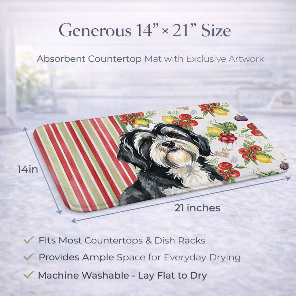 Picture of Carolines Treasures WDK8444DDM 21 x 14 in. Black & White Tibetan Terrier Vegetables Dish Drying Mat