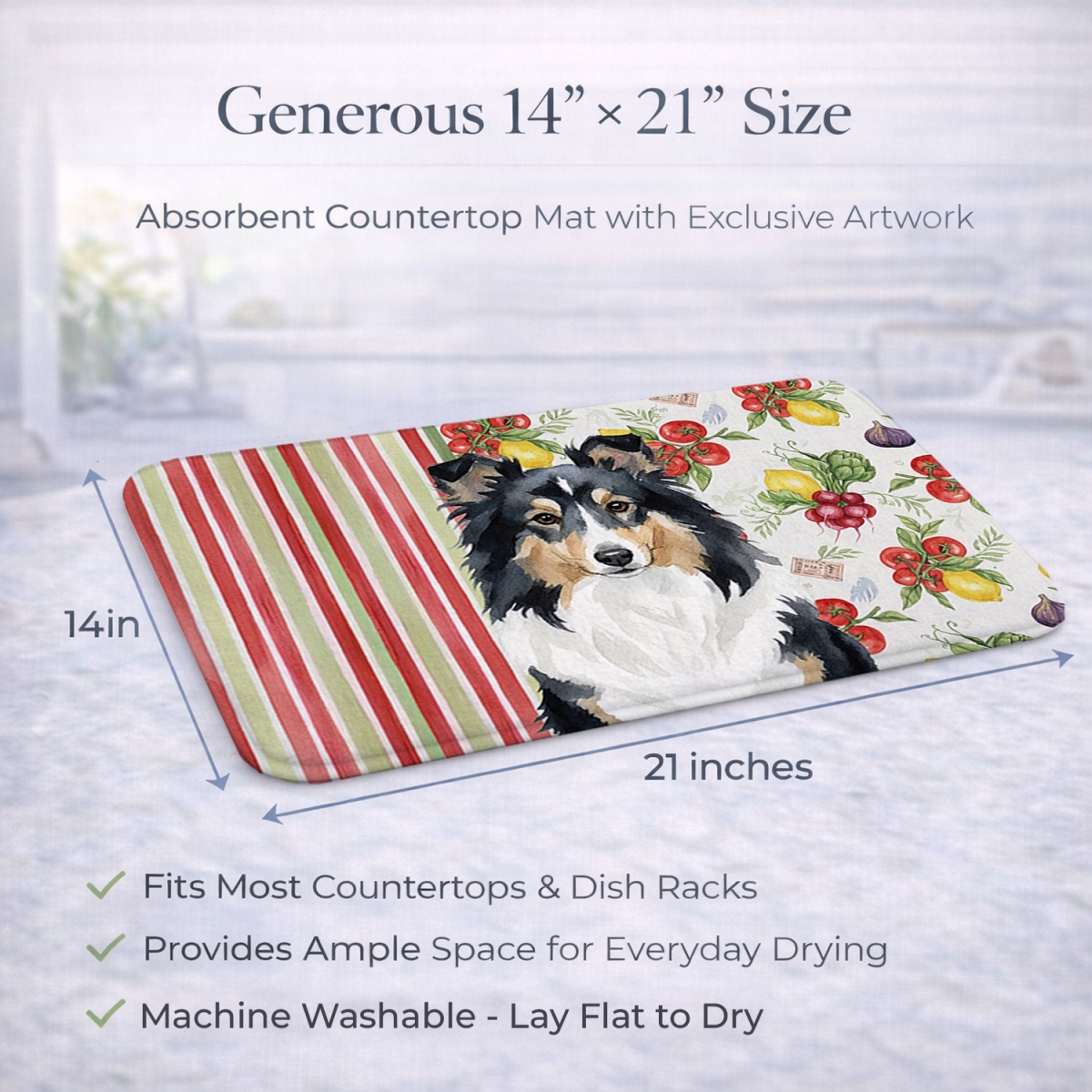 Picture of Carolines Treasures WDK8410DDM 21 x 14 in. Tricolor Sheltie Vegetables Dish Drying Mat