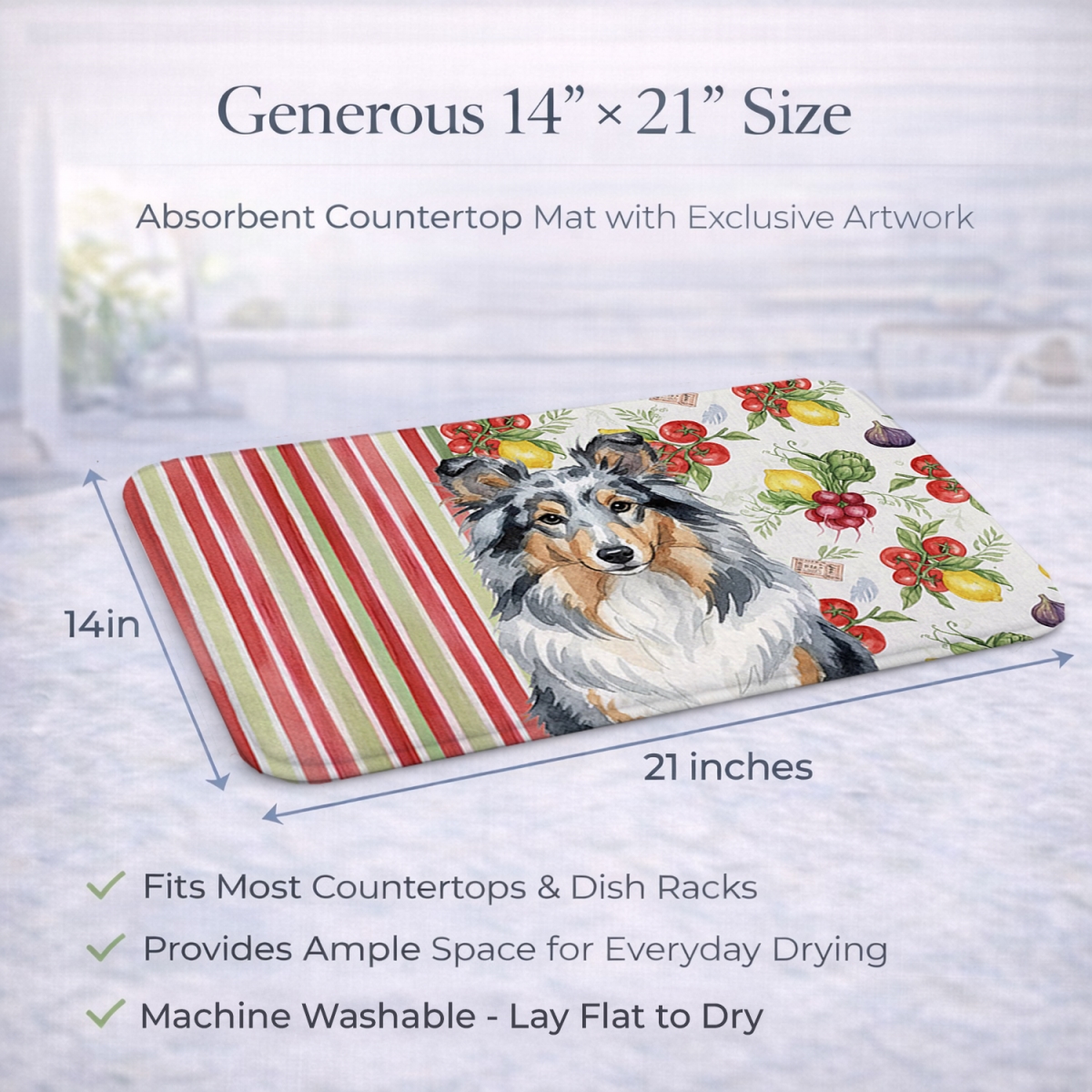 Picture of Carolines Treasures WDK8411DDM 21 x 14 in. Blue Merle Sheltie Vegetables Dish Drying Mat