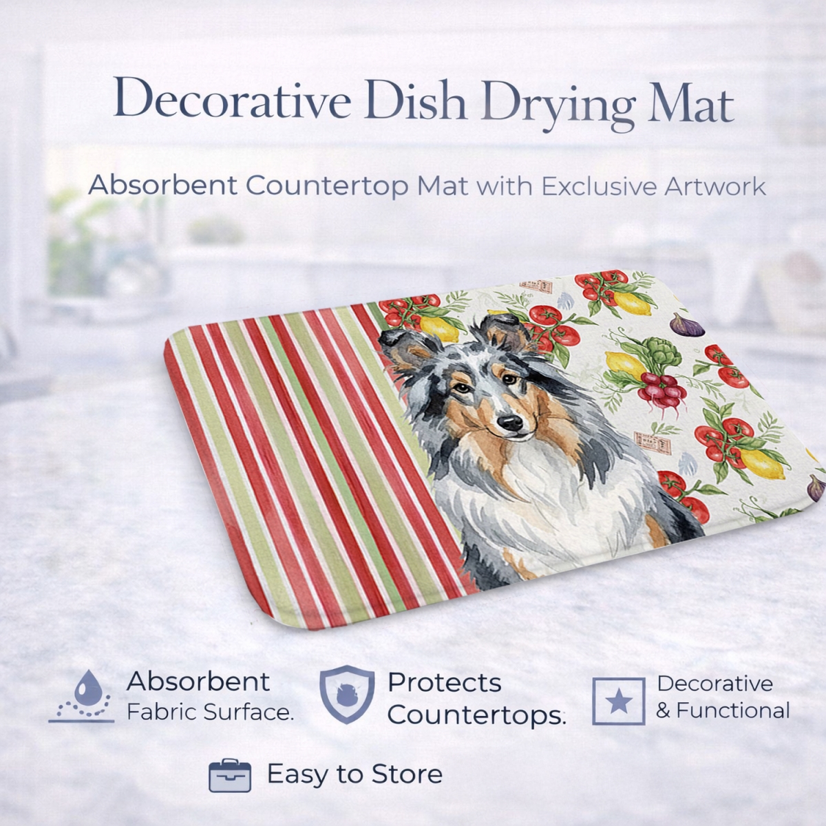 Picture of Carolines Treasures WDK8411DDM 21 x 14 in. Blue Merle Sheltie Vegetables Dish Drying Mat