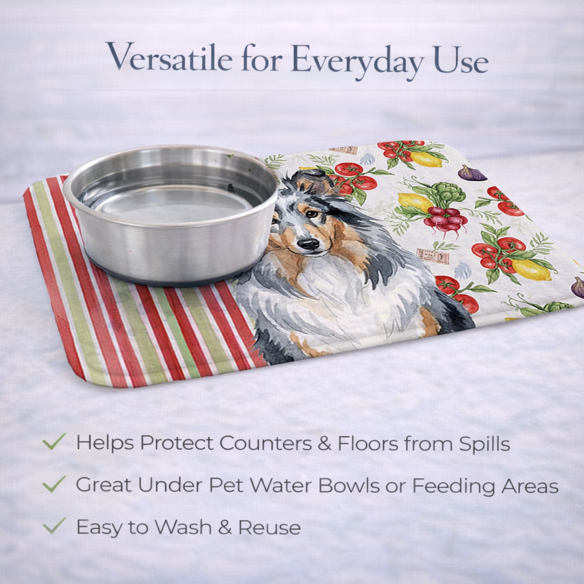 Picture of Carolines Treasures WDK8411DDM 21 x 14 in. Blue Merle Sheltie Vegetables Dish Drying Mat