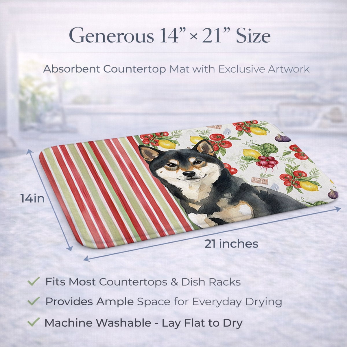 Picture of Carolines Treasures WDK8413DDM 21 x 14 in. Black & Tan Shiba Inu Vegetables Dish Drying Mat