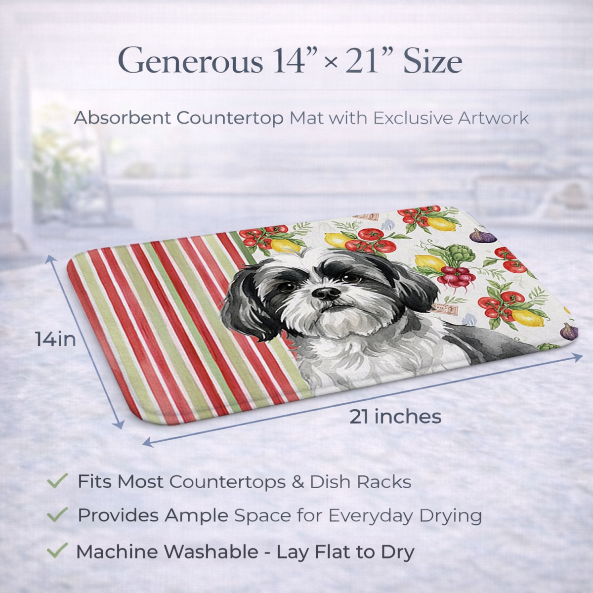 Picture of Carolines Treasures WDK8416DDM 21 x 14 in. Black & White Shih Tzu Vegetables Dish Drying Mat