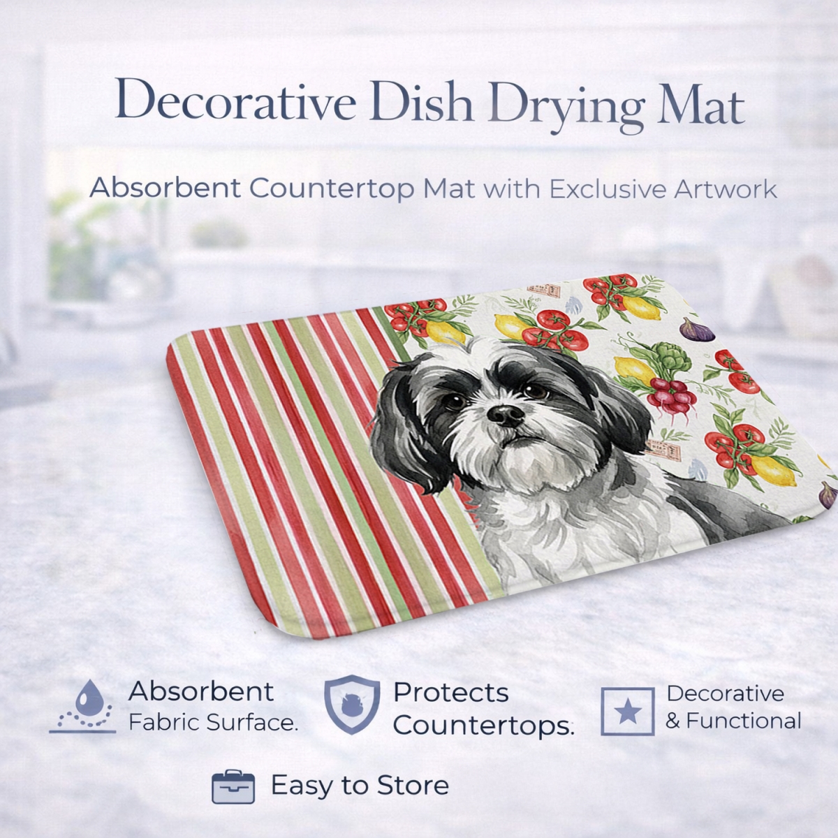 Picture of Carolines Treasures WDK8416DDM 21 x 14 in. Black & White Shih Tzu Vegetables Dish Drying Mat