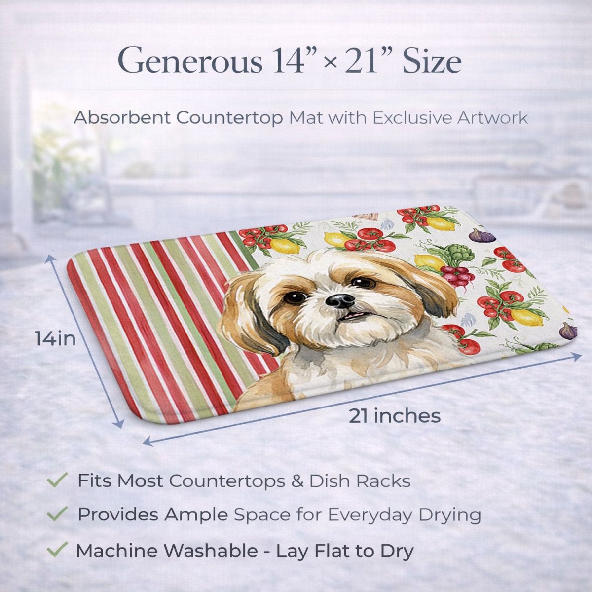 Picture of Carolines Treasures WDK8418DDM 21 x 14 in. Gold & White Shih Tzu Vegetables Dish Drying Mat