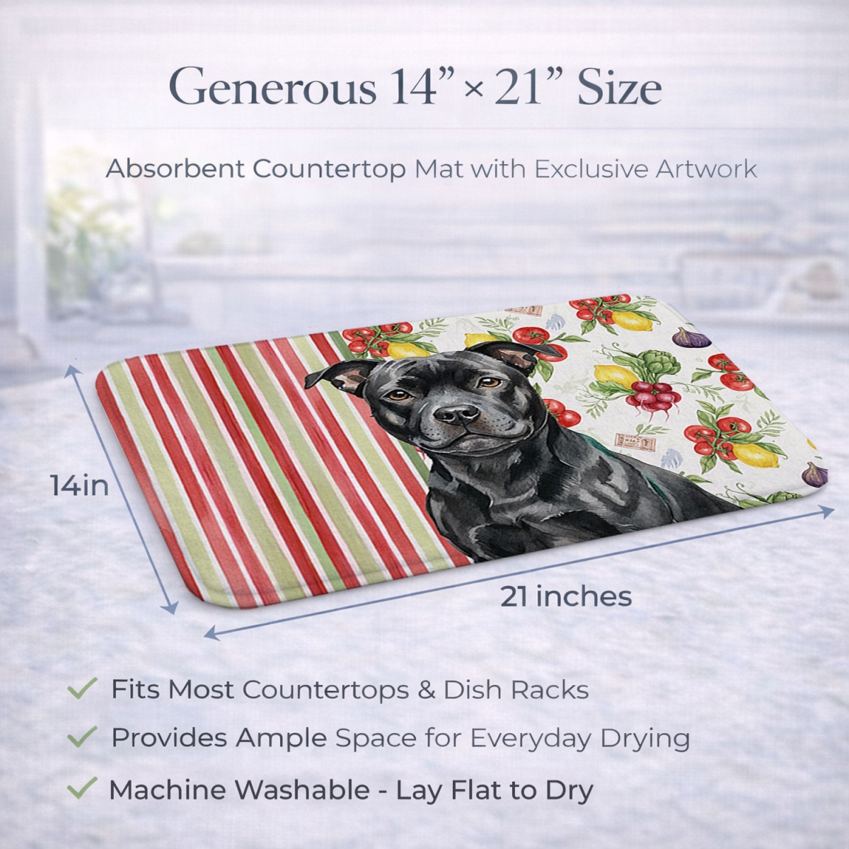 Picture of Carolines Treasures WDK8428DDM 21 x 14 in. Black Staffordshire Bull Terrier Vegetables Dish Drying Mat