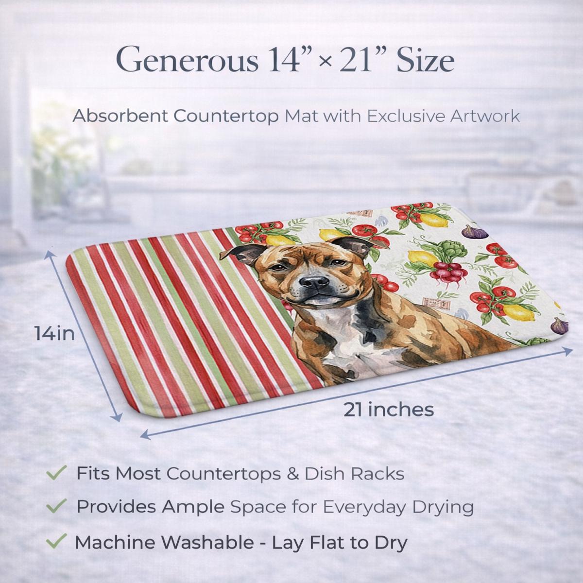 Picture of Carolines Treasures WDK8429DDM 21 x 14 in. Brindle Staffordshire Bull Terrier Vegetables Dish Drying Mat