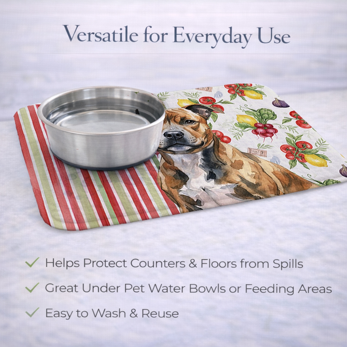Picture of Carolines Treasures WDK8429DDM 21 x 14 in. Brindle Staffordshire Bull Terrier Vegetables Dish Drying Mat
