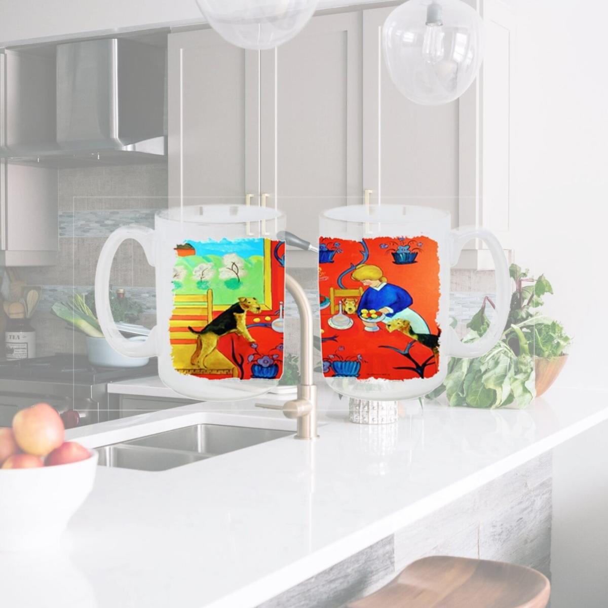 Picture of Carolines Treasures 7212CM15 Airedale Terrier with lady in the kitchen Dishwasher Safe Microwavable Ceramic Coffee Mug 15 oz.