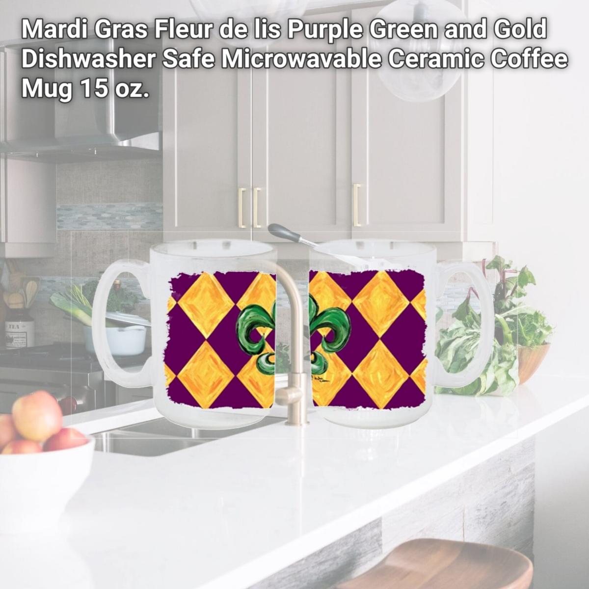 Picture of Carolines Treasures 8133CM15 Mardi Gras Fleur de lis Purple Green and Gold Dishwasher Safe Microwavable Ceramic Coffee Mug 15 oz.