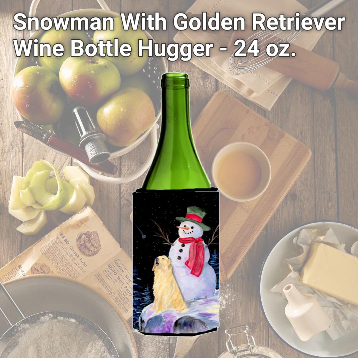 Picture of Carolines Treasures SS8951LITERK Snowman With Golden Retriever Wine Bottle   Hugger - 24 oz.