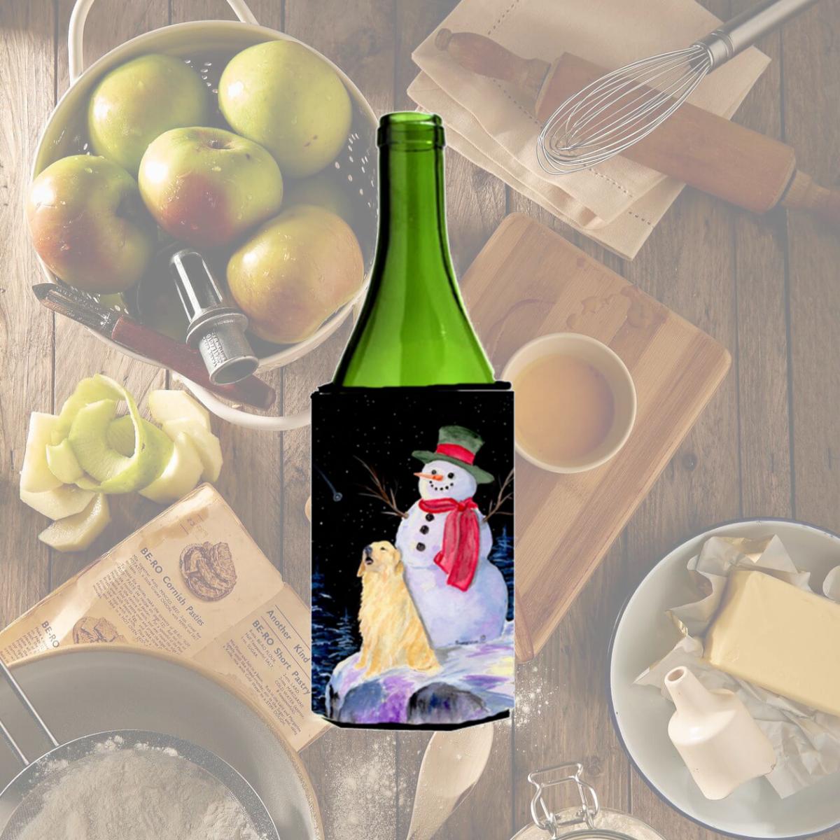 Picture of Carolines Treasures SS8951LITERK Snowman With Golden Retriever Wine Bottle   Hugger - 24 oz.
