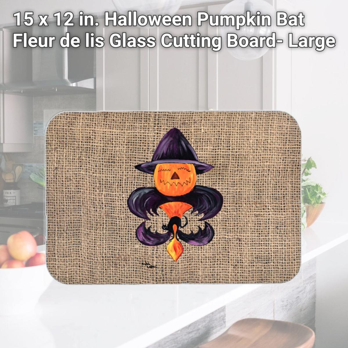 Picture of Carolines Treasures 8748LCB 15 x 12 in. Halloween Pumpkin Bat Fleur de lis Glass Cutting Board- Large