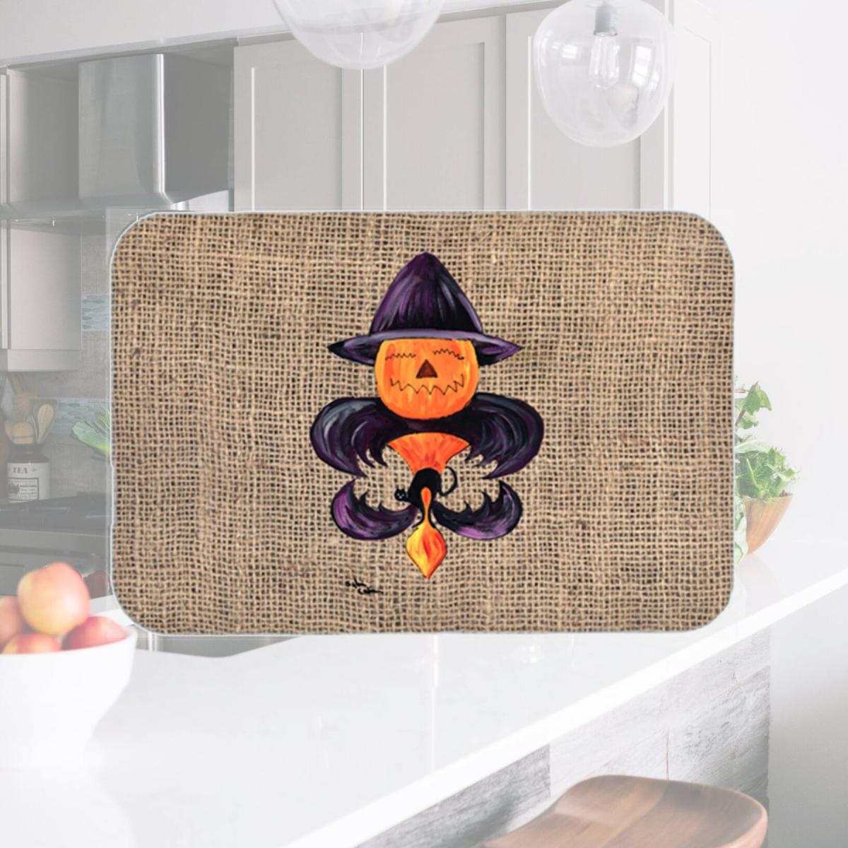 Picture of Carolines Treasures 8748LCB 15 x 12 in. Halloween Pumpkin Bat Fleur de lis Glass Cutting Board- Large
