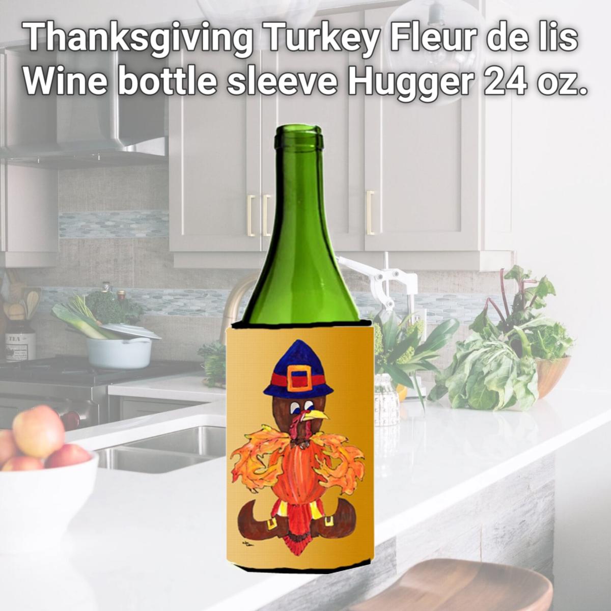 Picture of Carolines Treasures 8609LITERK Thanksgiving Turkey Fleur de lis Wine bottle sleeve Hugger 24 oz.