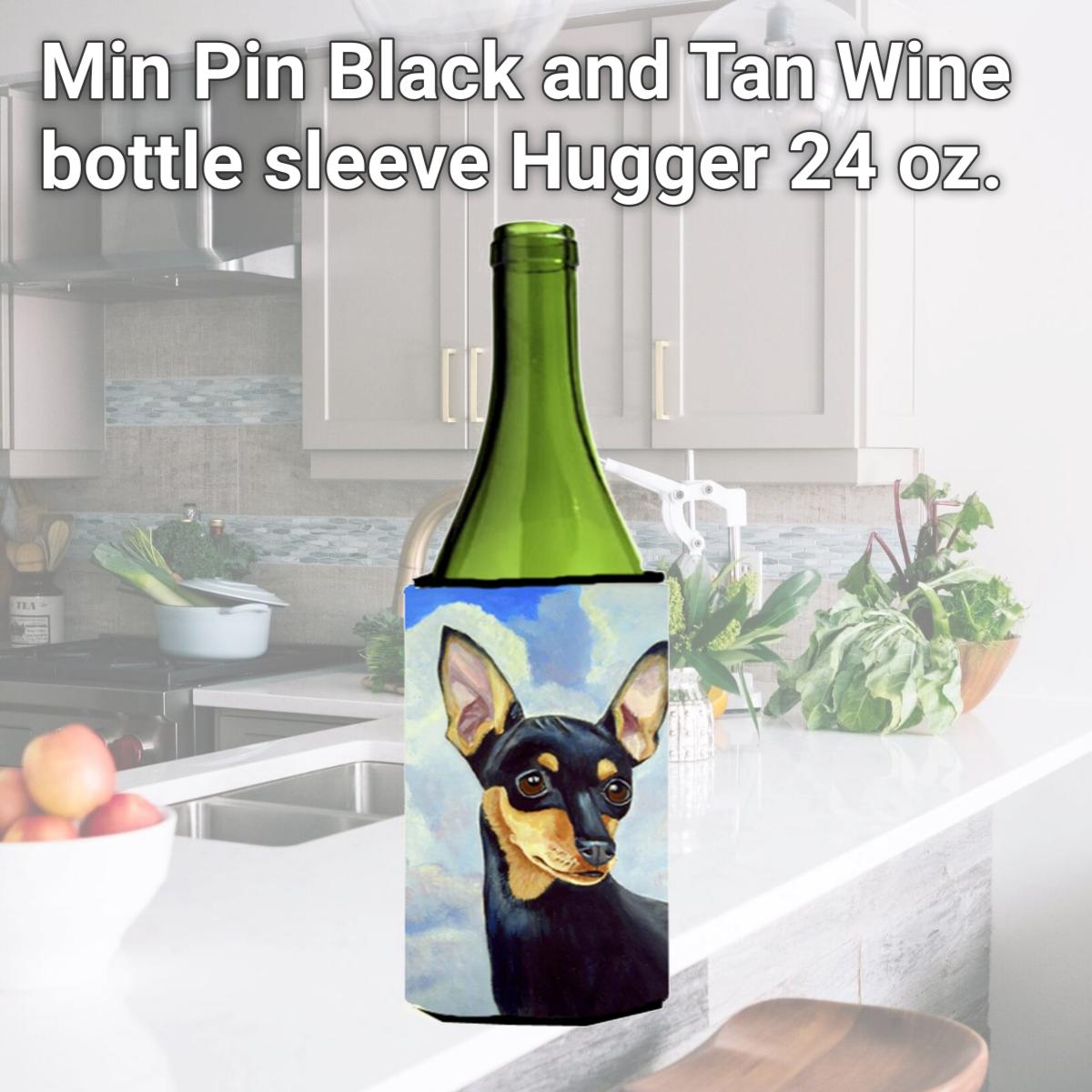 Picture of Carolines Treasures 7073LITERK Min Pin Black and Tan Wine bottle sleeve Hugger 24 oz.