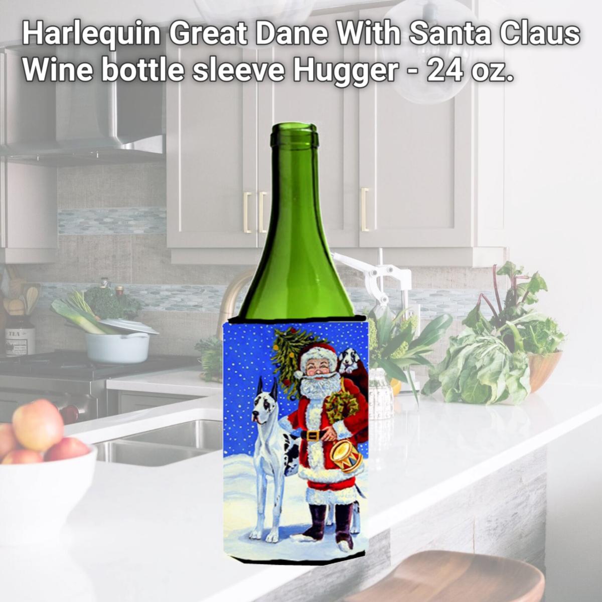 Picture of Carolines Treasures 7083LITERK Harlequin Great Dane With Santa Claus Wine bottle sleeve Hugger - 24 oz.