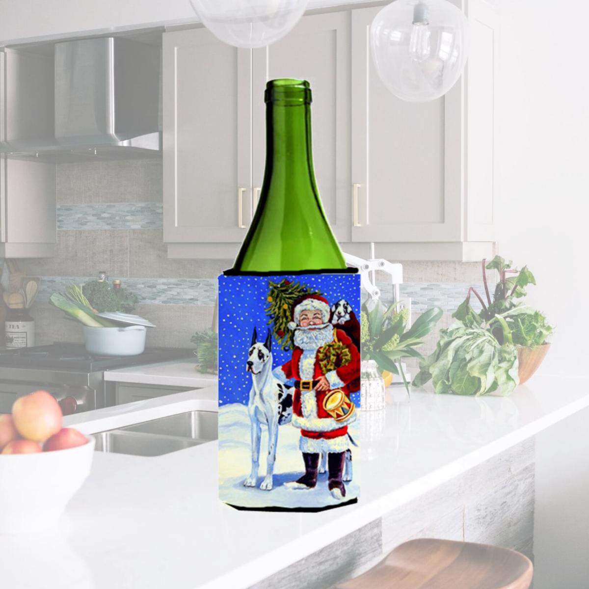 Picture of Carolines Treasures 7083LITERK Harlequin Great Dane With Santa Claus Wine bottle sleeve Hugger - 24 oz.